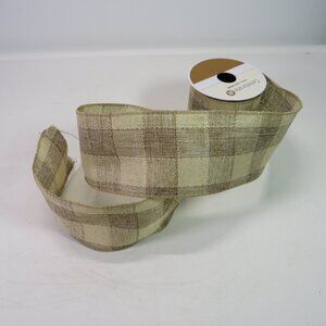 Vintage looking Plaid Tan & Cream Wired Ribbon matte finish 4yds 2.5" wide